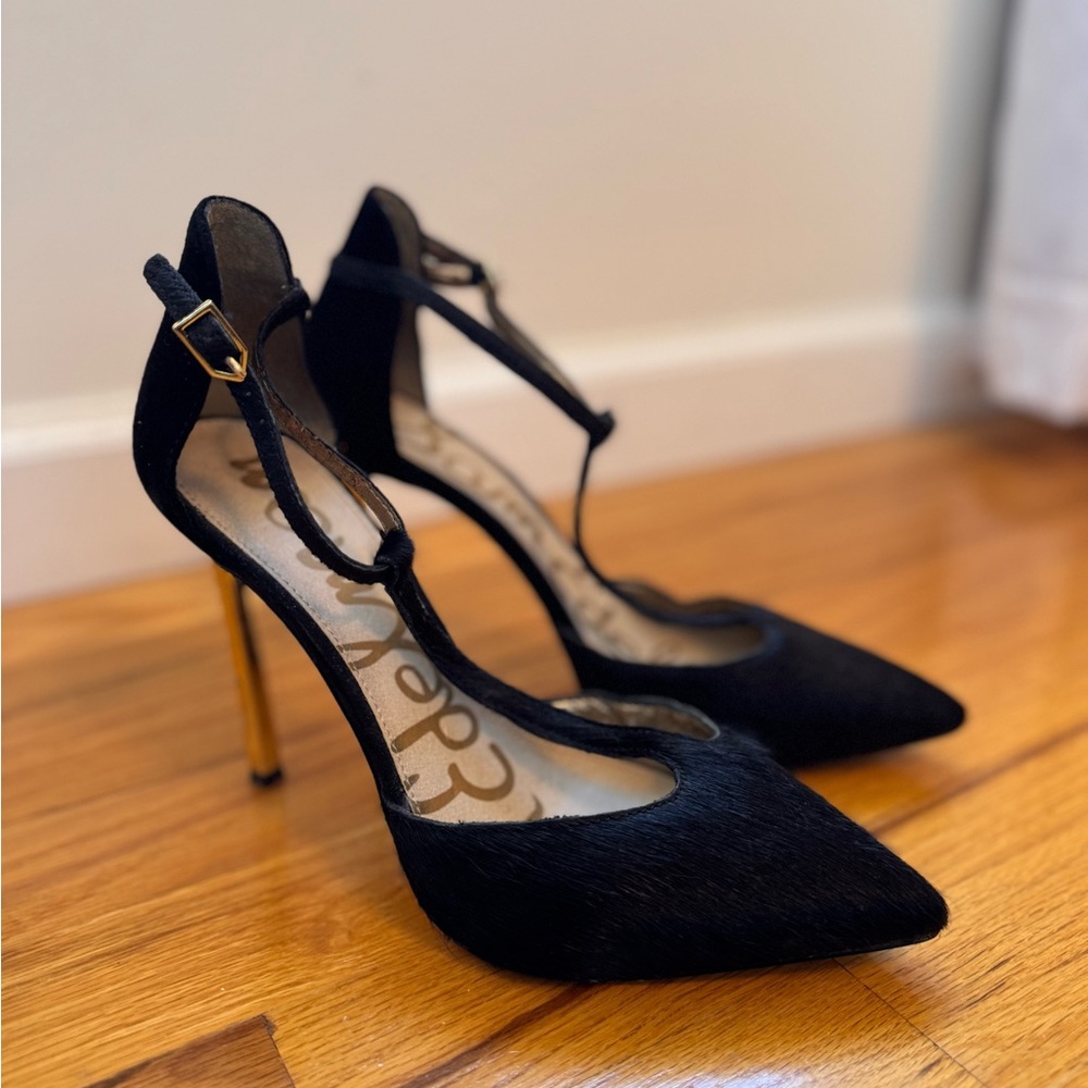 Sam Edelman Back Fur Gold Stiletto Heels